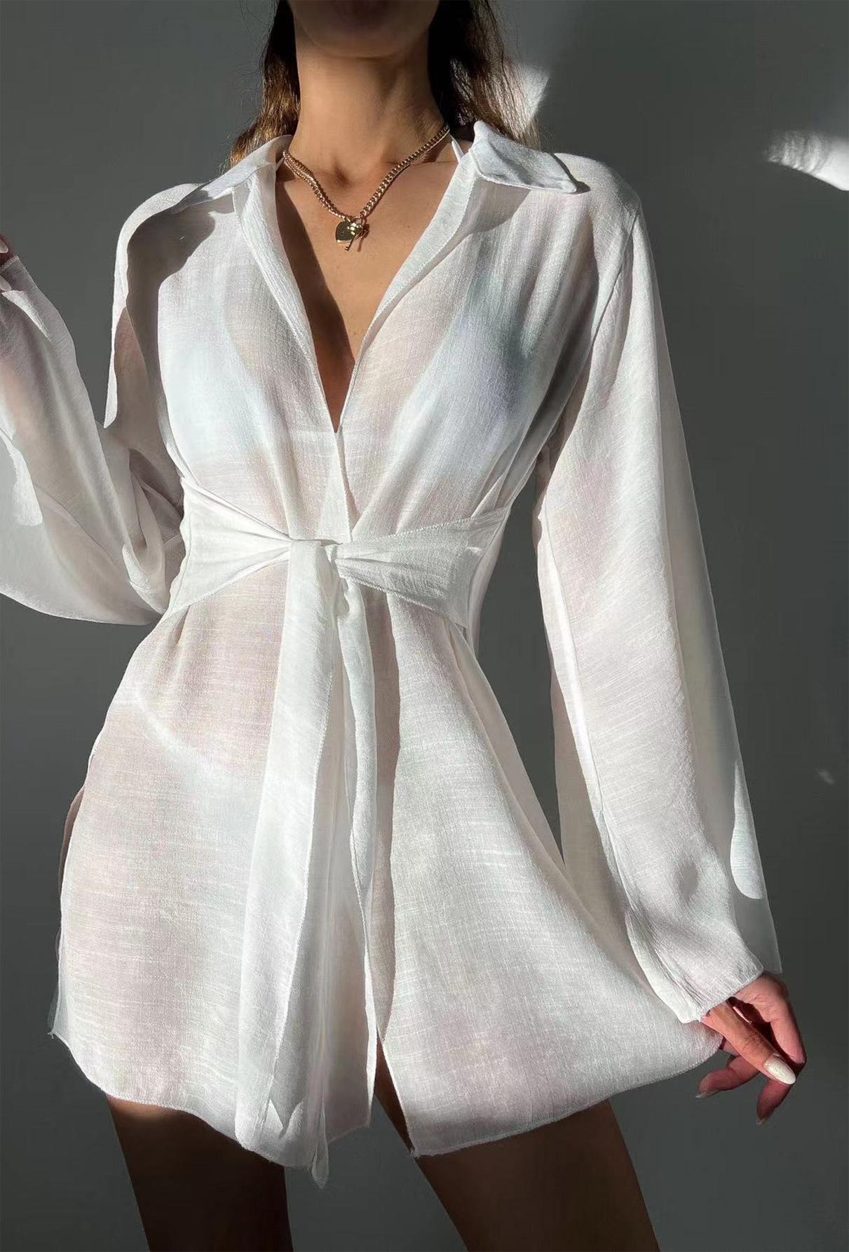 Spring Summer Beach Cover Up Comfortable Sun Protection Shirt V Neck Loose Tied Beach Overskirt Women Bella Mia